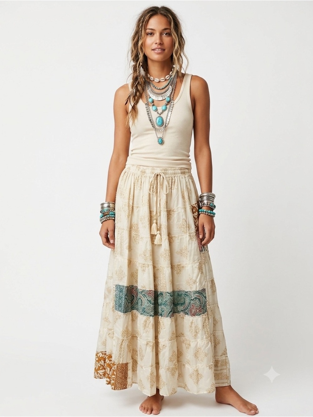 46. Boho Patchwork Sari Silk Maxi Skirt Festival Hippie Gypsy One Size India